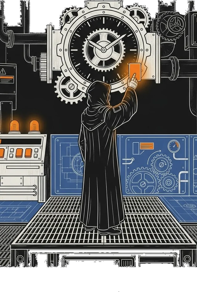 The caller: a hooded figure pointing at the strike clock, holding a burning position ticket