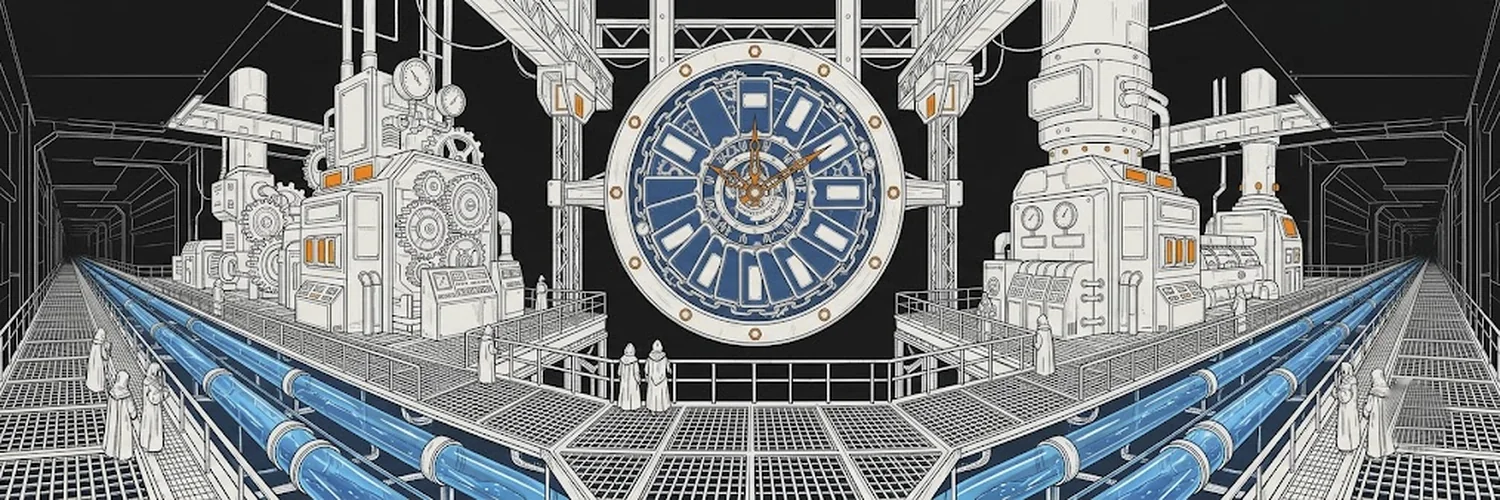 The whole coordination deck: the strike clock, the pipes running under the grated floor, the pledgers on the walkway